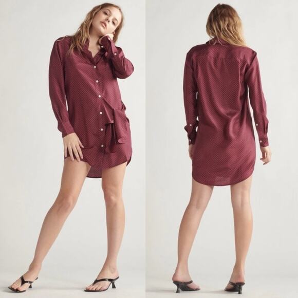 Takoon Silk Wrap Tie Shirt Dress in maroon polka dots Sz XS minimalist oversize - Picture 1 of 9
